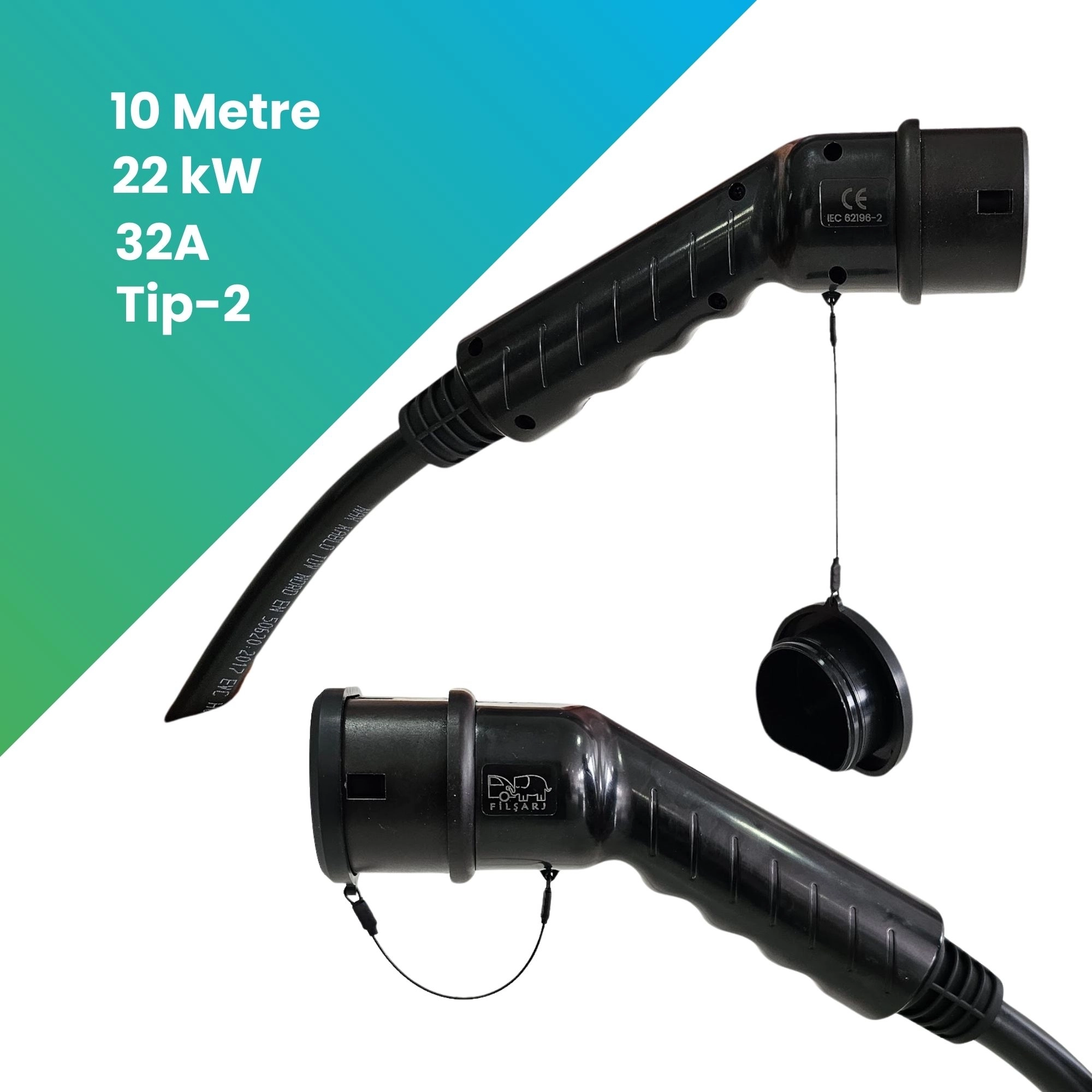 22 kW 10 Metre Elektrikli Araç AC Tip-2 Şarj Kablosu