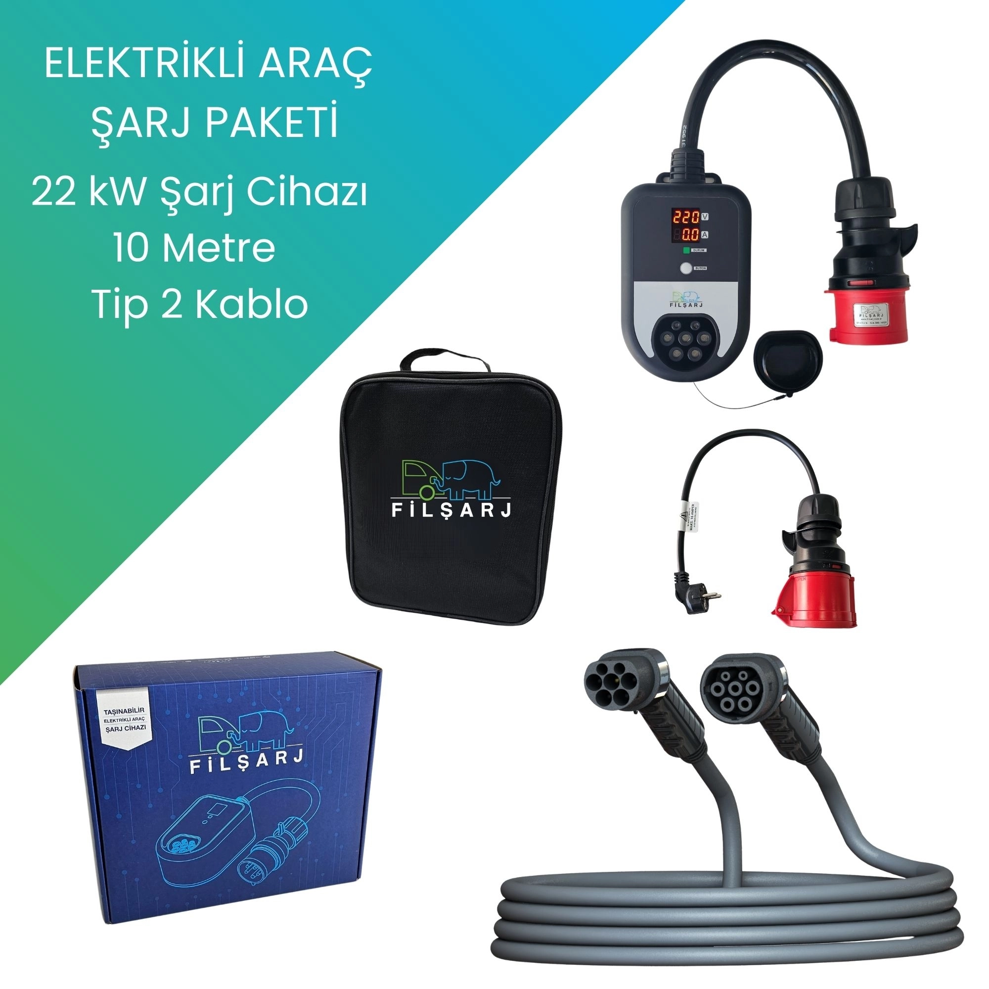 Filşarj Elektrikli Araç Şarj Paketi 22 Kw Şarj Cihazı + 10 Metre Tip 2 Kablo