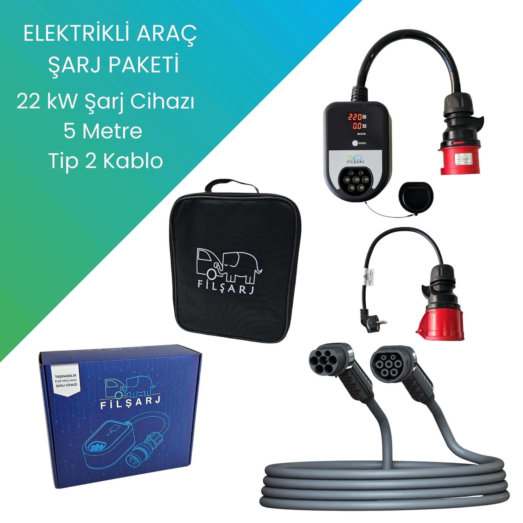 Elektrikli Araç Şarj Paketi 22Kw Şarj Cihazı + 5 Metre Tip 2 Kablo