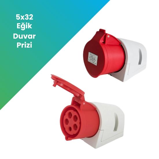 Filşarj Eğik Duvar Prizi Üç Faz 5x32A 3P+N+PE Kırmızı 