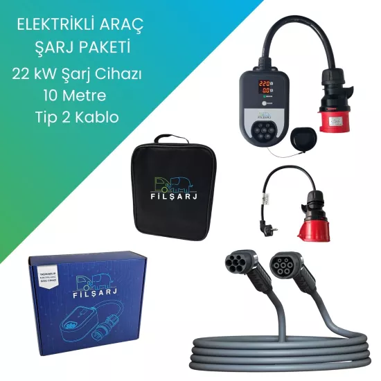 Filşarj Elektrikli Araç Şarj Paketi 22 Kw Şarj Cihazı + 10 Metre Tip 2 Kablo