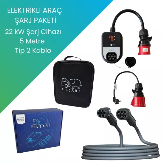 Elektrikli Araç Şarj Paketi 22Kw Şarj Cihazı + 5 Metre Tip 2 Kablo