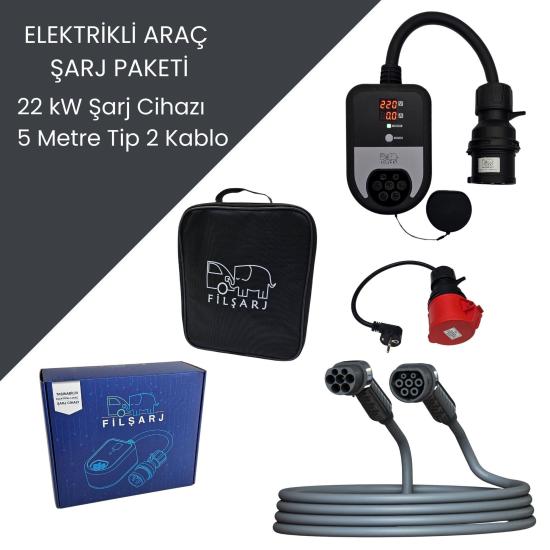Elektrikli Araç Şarj Paketi 22Kw Şarj Cihazı + 5 Metre Tip 2 Kablo